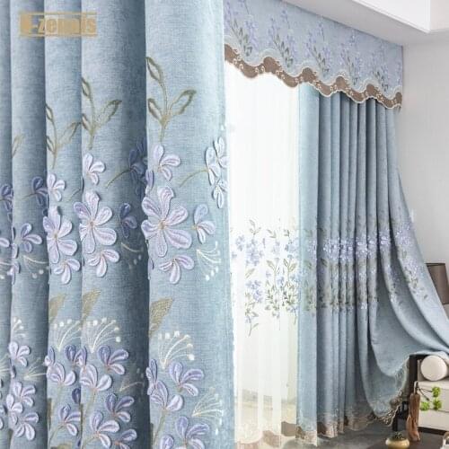 Chinese Embroidered Blue Grey Window Curtain Tulle Curtains for Living Room Bedroom Luxury Custom Size with Curtain Head