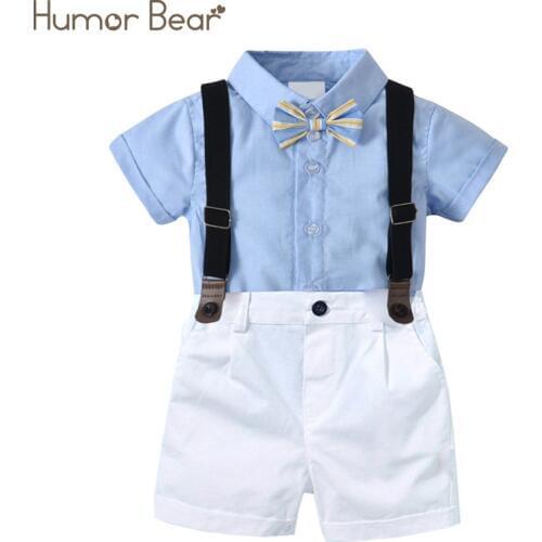 Humor Bear Baby Boys Clothing Set Bow Formal Summer British Style Baby Clothes Suit Blue Shirt Top+Suspender Pants Outfits