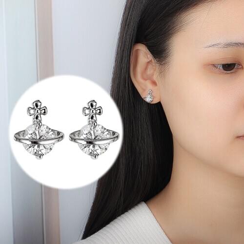 Trendy Gorgeous Silver Color Saturn Earrings Planet Stud Earrings Fashion Zircon Earrings for Women Girl Statement Jewelry Gift