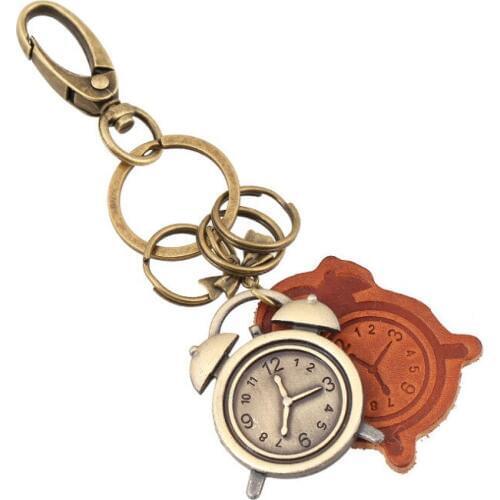 Fashion Vintage Alarm Clock Keychain Timing Metal Rings Leather Holder Charm Children Bag Accessories Car Key Chain Jewelry Gift