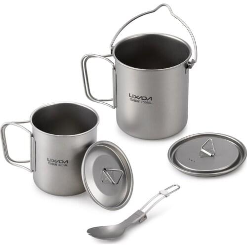 Lixada 3 Pieces Titanium Lightweight Tableware Set Outdoor Water Mugs Pot Folding Spork Cookware Camping Hiking Backpacking
