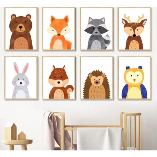 Wall Art Canvas Painting Animals Cartoon Bear Fox Fquirrel Owl Deer Nordic Posters And Prints Wall Pictures For Kids Room Decor