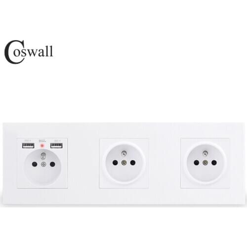 COSWALL Triple French Standard Wall Socket With 2 USB Charge Port Hidden Soft LED Indicator E20 Series PC Panel Black White Grey