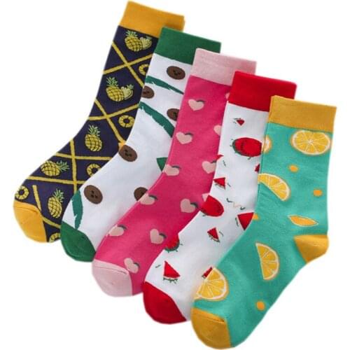 Happy Fruit Pattern Women Socks Casual Cotton Crew Socks Orange Pineapple Peach Watermelon Funny Style