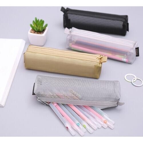 New School Mesh Pencil Cases Kawaii Cute Solid Color Transparent Pencil box School Student pen bag Supplies Stationery