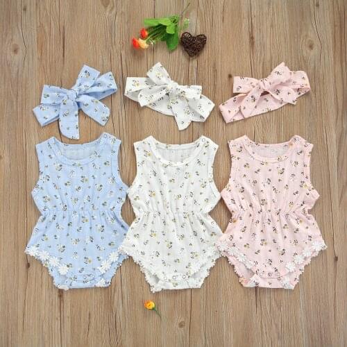 OPPERIAYA Newborn Sleeveless Round Neck Bodysuit Bow Hairband Floral Print Lace Decoration Sweet Style Summer Casual Clothing