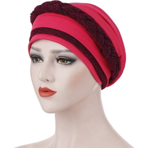 Muslim Women Stretch sequin Braid Cross Silk Turban Hat Scarf Beanie Caps Headwear Head Wrap Hair Accesories
