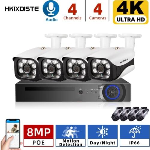 4K POE Audio CCTV System H.265+ 4CH 8MP NVR with 8MP Outdoor Security Camera NVR Kit Day/Night Home Video Surveillance System