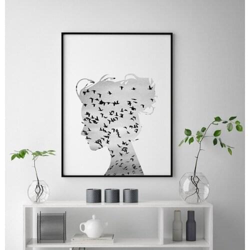 Nordic Scandinavian Art Canvas Print Wall Picture Flying Birds Girl Silhouette Canvas Painting Poster Living Room Modern Decor