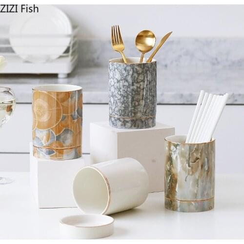 Imitation Marble Ceramics Chopsticks Storage Jar Home Drain Rack Chopsticks, Fork, Spoon and Storage Container Storage Tools