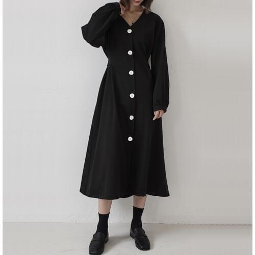 Loose Vintage Blouse Long Dress With Sashes V Neck Casual Black Cotton Single Breasted Harajuku Women Dress Autumn 2019 AA5257