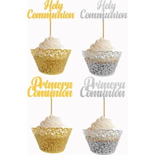 20pcs Glitter Gold Silver Holy Communion Cupcake Topper For My First Holy Communion Mi Primera Comunion Party Decoration