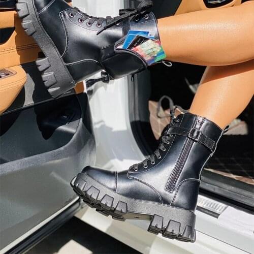 Women Calf Pocket Martin Boots Female Side Zipper Lace Up Solid Color Platform Footwear Ladies New Design Trendy All-Match Shoes