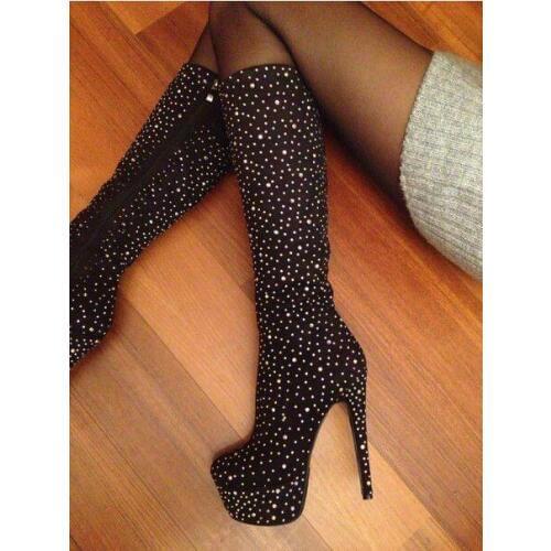 High Platform Women Crystal Cover Knee High Boots Sexy Pointy Toe Ladies Super High Heel Boots Zipper Side Female Stiletto Boot