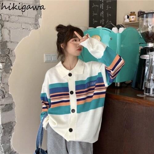 Hikigawa Sweater Jacket Women Korean Students Loose Striped Knitted Cardigan Sweet Preppy Style Long Sleeve Plus Size Jacket
