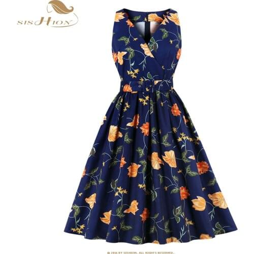 SISHION 2021 Flower Floral Print Summer Dress VD1273 Short Sleeve Sexy V Neck Vintage Women Dress robe femme