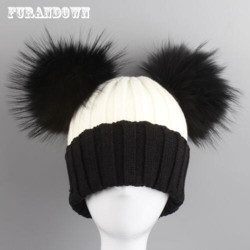 2018 New Winter Beanie Hats For Women Cute Two Fur Pompoms Hat Patchwork Knitted Skullies Beanies