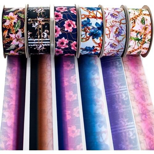50 Yards Gothic Retro Flower Pattern Double Side Printed Grosgrain/Satin Ribbon