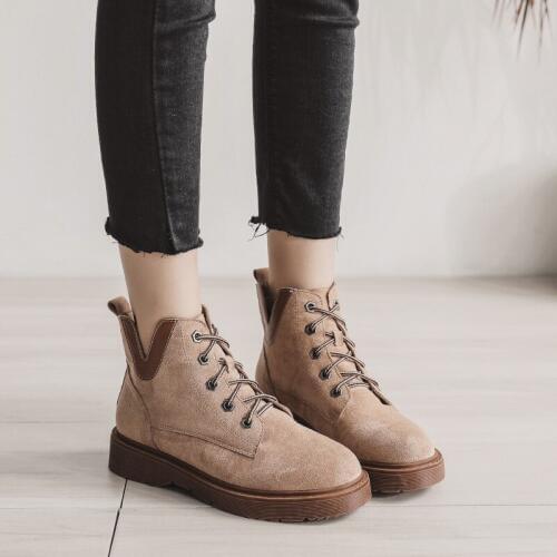 V-mouth boots woman flat heels flock cotton botas mujer winter lace-up short ankle botines retro creepers female footwear 2020