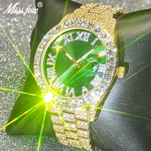 Montre Homme Luxe MISSFOX Iced Full Diamond Green Dial Quartz Watch Top Hip Hop Brand Design Waterproof Business Dive Wristwatch
