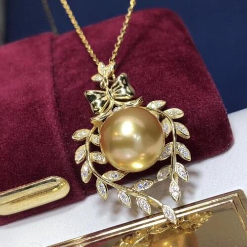 D513 Fine Jewelry 925 Sterling Silver Natural Sea Water Golden Pearl 13-12mm Pendants Necklaces for Women FIne Pearls Pendants