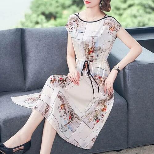 High-end Silk Women Dresses Plus Size Slim O-Neck Print Silk Dresses Fashion Elegant Female Short Sleeve Dresses LJ3040