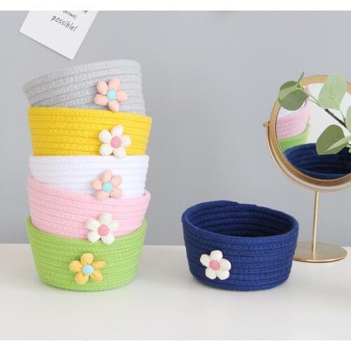 Hand Woven Cotton Rope Storage Basket With Flower Decor Desktop Sundries Kids Toys Organizer Box Dirty Clothes Laundry Baskets