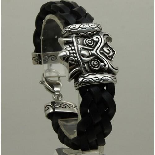 Cool men boy rock monster woven genuine leather 316L stainless steel bracelet