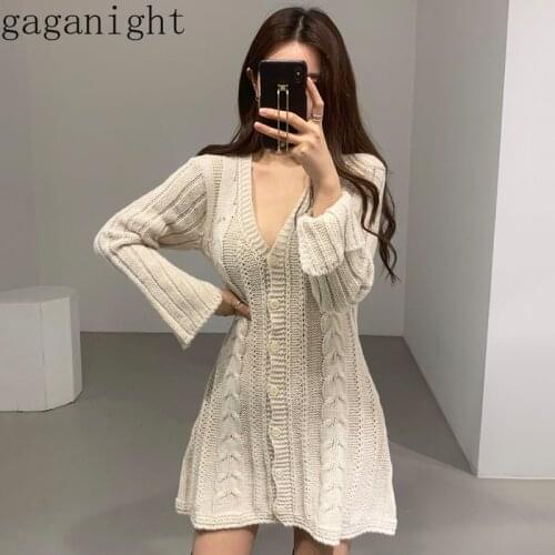 Gaganight Korean Vintage Women Mini Short Dress Knitted Long Sleeve Deep V Collar Solid Dresses Fashion Vestidos Single Breasted