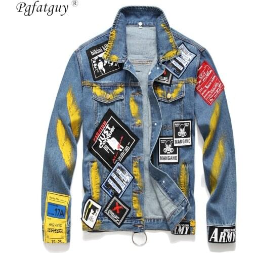 Autumn and Winter New Mens Patch Denim Jacket Yellow Paint Embroidery Loose Blue Jacket Lapel Skull Cowboy Coat Long Sleeves
