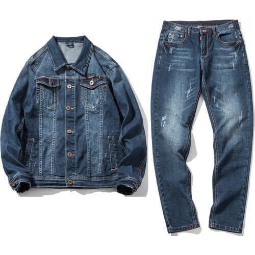 Men Fashion Slim Set 2020 Autumn Casual Sportsuit Men Blue Single Breasted Denim Jackets+Denim Pant Tracksuit Men Brand Clothing