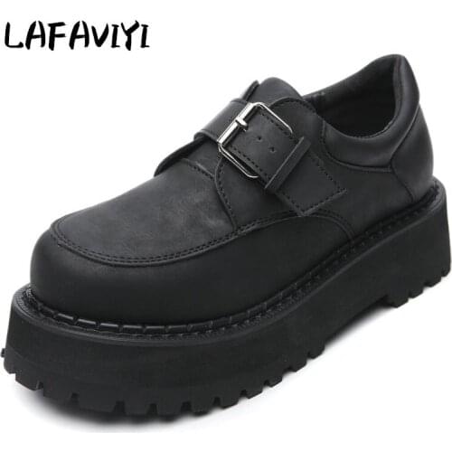2020 Genuine Leather Shoes Buckle Thick Bottom Shoes Female College Thick-Soled Platform Shoes England Retro Leather Shoes