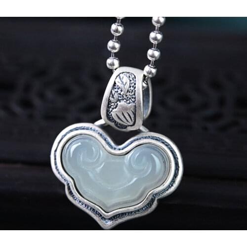 Silver inlaid natural white jade pendant necklace Chinese style retro distressed ethnic charm niche craft womens brand jewelry