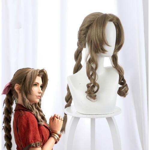 Final Fantasy VII Aerith Gainsborough Cosplay Wigs Brown Long Curly Cosplay Wig Heat Resistant Synthetic Hair Peruca + Wig Cap
