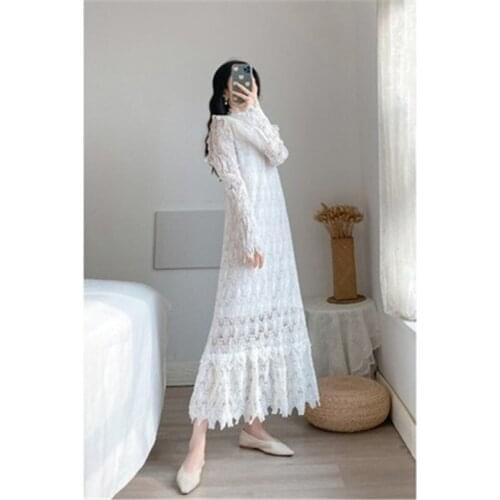 Turtleneck Lady Dress Trendy New Spring Autumn Womens Long Dress Quality Lace Hollow Out Bottoming Vestido Female Pullover
