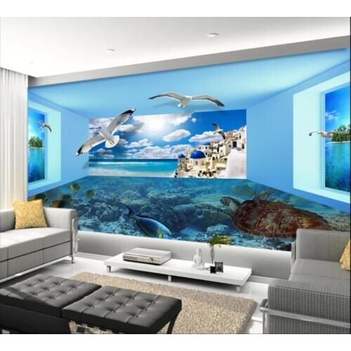 Custom photo mural 3d wallpaper Seaside scenery Dolphin Turtle Space background home decor living room wallpaper for walls 3d