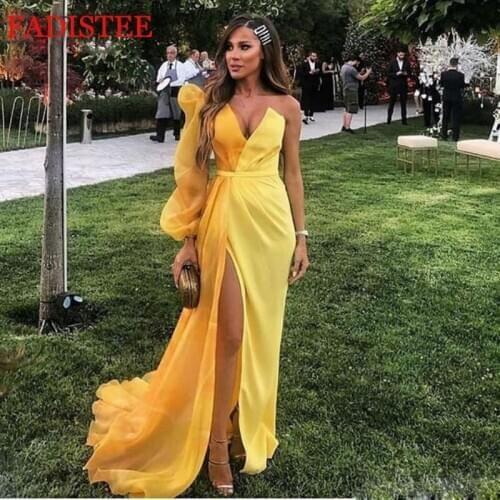 One sleeves yellow puffy Prom Dresses Boat Neck Short mermaid Tulle Long Prom Gown Cheap Evening Party Dress Robe De Soiree