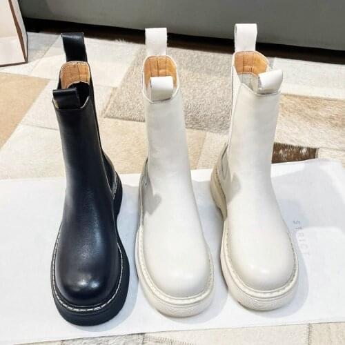 Luxury Chelsea Cowhide Leather Boots Women Ankle Boots Chunky Winter Shoes Platform Boots Slip On Boot Brand Designer