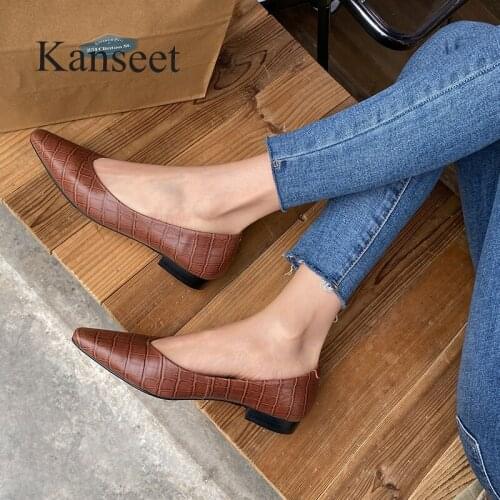 Kanseet 2021 New Women Pumps Spring Autumn Black Brown Genuine Leather Plaid Square Toe Low Heels Casual Handmade Hot Sale Shoes