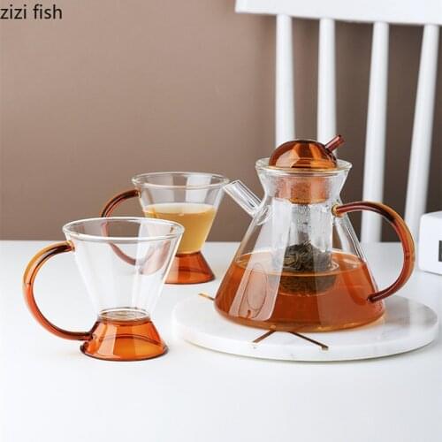 Amber Transparent Tea Set Heat Resistant Glass Kettle with Filter Home Afternoon Tea Tea Utensils 3-piece Suit Glass Cup Kettle