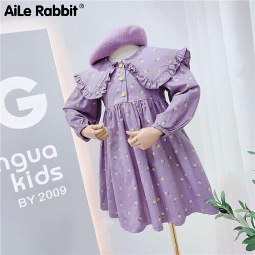 Girl Baby Collar Floral Skirt 2021 Autumn New Girl Long Sleeve Princess Dress