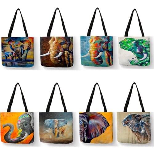 SY0035 Colorful Elephant Oil Painting Print Tote Bag Women Handbags Large Capacity Double Sides Printed Shopping Bags Reusable