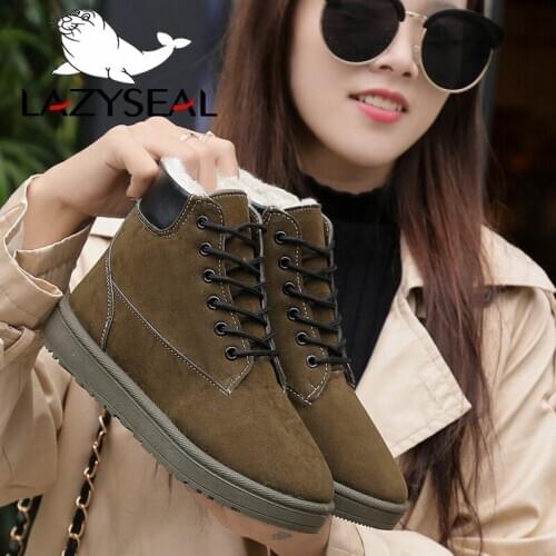 LazySeal Warm Plush Winter Boots Women Snow Boots Flat Heel Woman Shoes Round Toe Lace-up Footwear Big Size Ladies Woman Booties