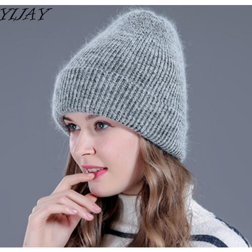 Women autumn winter warm rabbit fur knitted beanies thick double layer wool skullies female hat