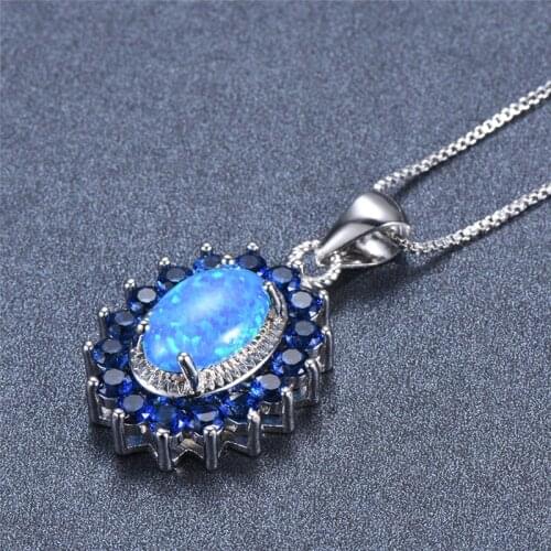 Female Luxury Crystal Necklace Blue Opal Big Oval Stone Pendants Necklaces For Women Wedding Vintage Silver Color Chain Necklace