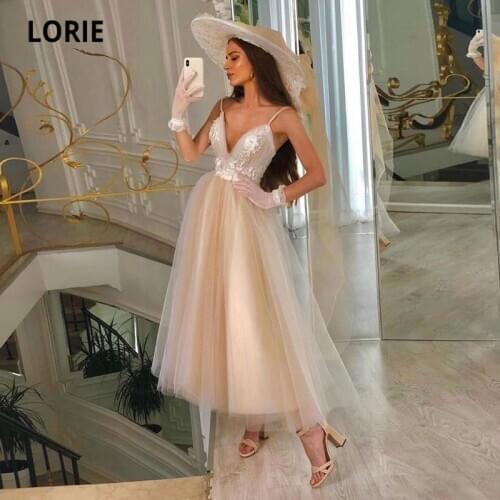 LORIE Short Wedding Dresses 2021 Spaghetti Strap Appliques A-Line Champagne Wedding Gown Tea Length Bridal Dress vestido novia