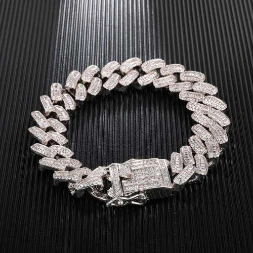 15mm Baguette Zircon Miami Cuban Link Bracelet Anklets Zircon Charm Iced Out Hip Hop Jewelry Gold Color for Men Women