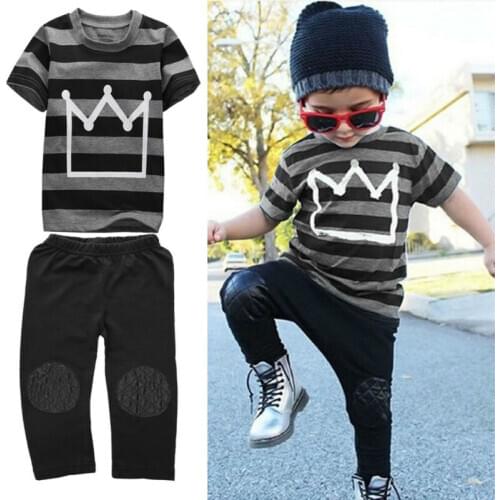 2PCS Toddler Kids Baby Handsome Boys Clothes Striped Crown T-shirt Tops+Long Pants Outfit Clothes Sets 2-7Years