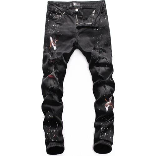 SEVEYFAN 2021 Mens Fashion Crane Embroidery Jeans Black Painted Hole Slim fit Denim Pants for Male