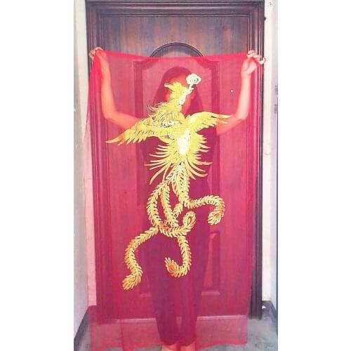 65*110cm Super gorgeous Lace embroidery patches Golden sequins Red Eugen yarn Phoenix Applique for DIY dress Wedding dress